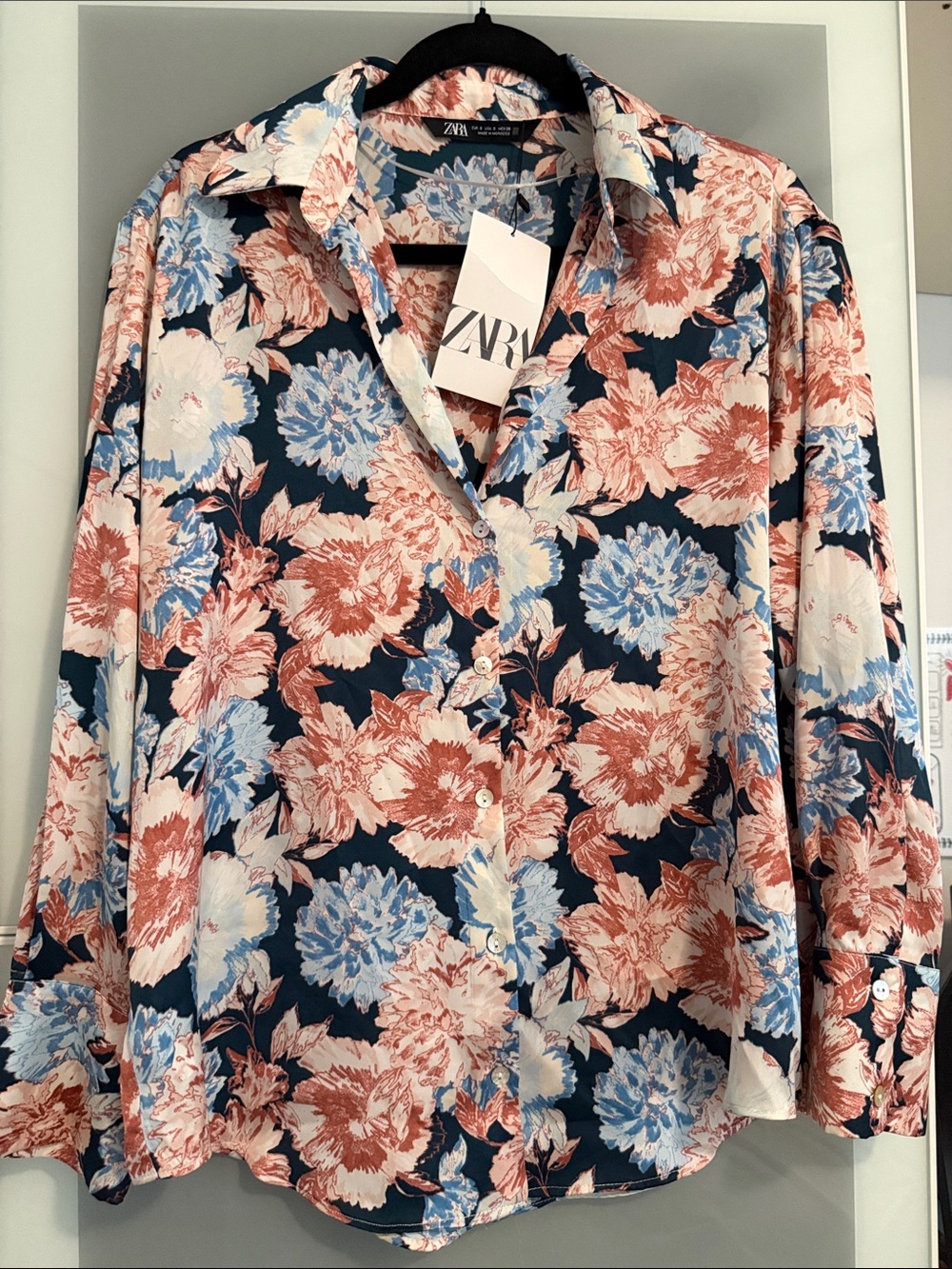 Zara Navy Floral Button-Down Shirt with Coral & Light Blue Blooms S